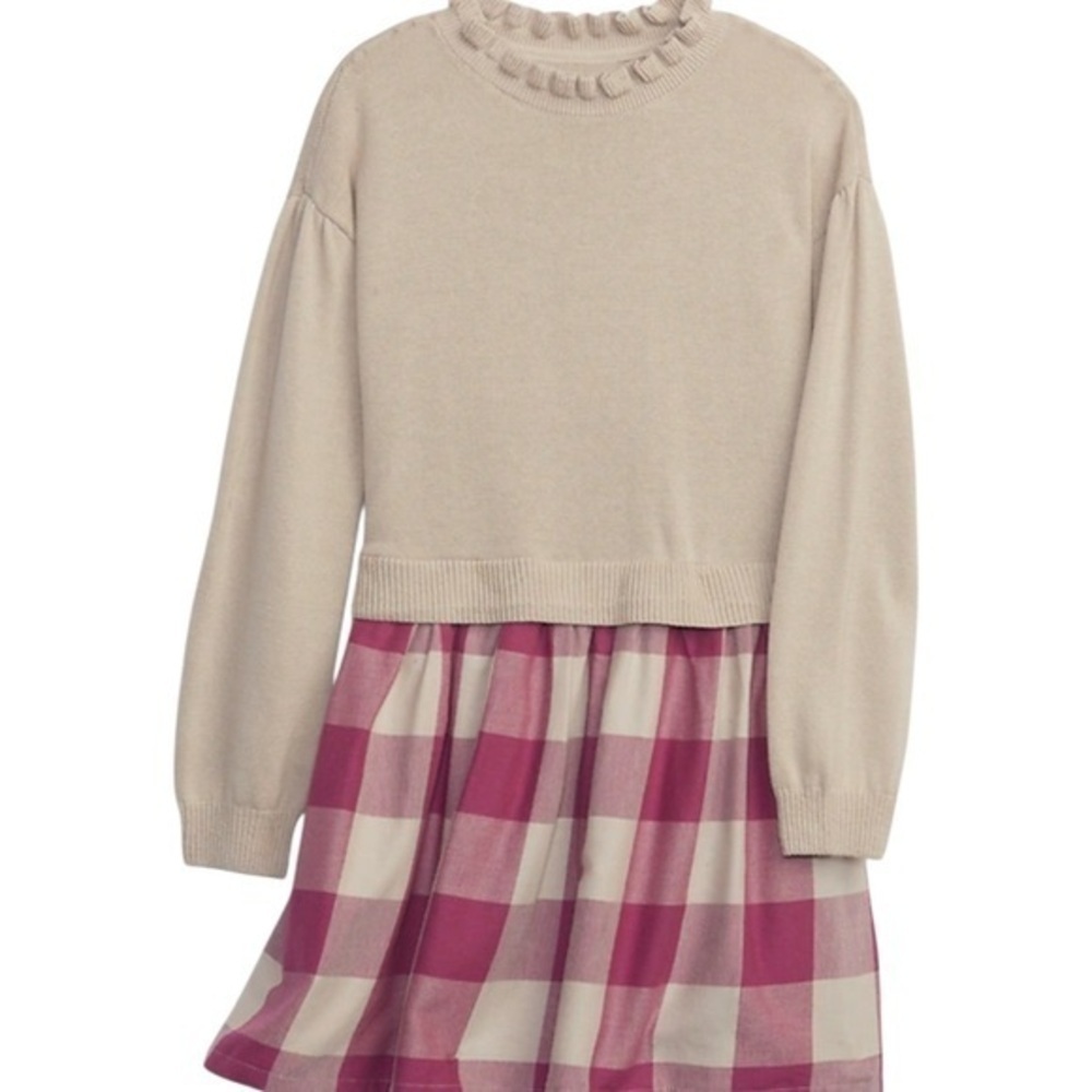 GAP KIDS 2-in-1 SWEATER DRESS, TAN & CRANBERRY PLAID, SIZE L